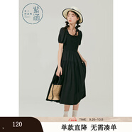 紫涵方領(lǐng)泡泡袖連衣裙女夏新款小眾蕾絲中長(cháng)裙高腰打攬七夕送女生 黑色 XS