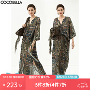 COCOBELLA復古度假風(fēng)波普花卉飄帶半身裙開(kāi)叉浪漫長(cháng)裙HS0045B 波普 XL