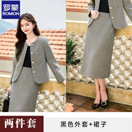 羅蒙小香風(fēng)西裝外套女2025春秋新款洋氣輕奢名媛氣質(zhì)修身短款西服套裙 黑色羊毛西裝+裙子（2件套） S (建議體重81-90)