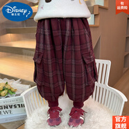 迪士尼（DISNEY）女童褲子冬裝新款兒童洋氣格子加絨工裝褲韓版女寶寶燈籠褲潮 旗 艦官 方紫紅色 格子加絨工裝褲 90 旗 艦官 方cm 建議85厘米左右