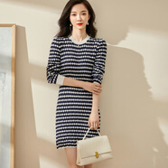 米思陽(yáng)（missshine）2022秋季新款簡(jiǎn)約條紋小圓領(lǐng)裙子百搭舒適連衣裙女2661 藍(lán)白色 XL