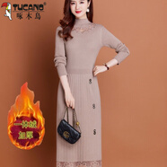 啄木鳥(niǎo)加絨加厚毛衣裙女秋冬配大衣的針織連衣裙中長(cháng)款一體絨內搭打底衫 麥灰色【加絨一體絨】 2XL 建議130-140斤