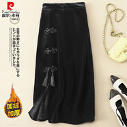 皮爾卡丹（pierre cardin）加絨加厚新中式金絲絨半身裙女秋冬季新款復古高端品牌黑色裙子春 黑色流蘇中國結 加絨 M (建議90-105斤)