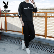 花花公子（PLAYBOY）2025秋冬季休閑運動衛(wèi)衣套裝男士長袖T恤衛(wèi)衣一套衣服兩件套秋裝 20173黑色 一套 M 165