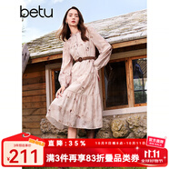 百圖betu女裝秋季新款連衣裙法式印花腰帶收腰顯瘦裙子女2408T87 粉紅 S