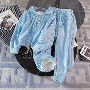 NPZ燙鉆運動(dòng)套裝女秋冬新款女裝韓版潮流百搭連帽條紋衛衣休閑兩件套 藍色 【春秋不加絨】 L