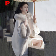 皮爾卡丹（pierre cardin）長(cháng)款毛領(lǐng)斗篷披肩配旗袍外搭加絨加厚毛呢外套古風(fēng)流蘇上衣秋冬款 米白色加絨  加厚 均碼 建議85-200斤