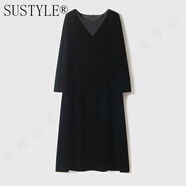 SUSTYLE奢侈品女裝高檔長(cháng)袖連衣裙秋冬款打底裙優(yōu)雅黑天鵝絲絨氣質(zhì)小黑裙 玄墨黑.【一字領(lǐng)】 【高檔禮盒裝】 S 【高檔禮盒裝】