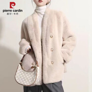 皮爾卡丹新款皮毛一體年輕寬松短款氣質(zhì)仿皮草水毛絨外套環(huán)保毛毛時(shí)尚v領(lǐng) 杏色 S 建議90--110斤