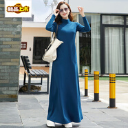 初徑新款加絨加厚長(cháng)裙連衣裙長(cháng)袖大碼半高領(lǐng)超長(cháng)拖地一步裙一體絨女冬 孔雀藍(新款半高領(lǐng)加長(cháng)140) S 適合80-95斤