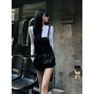 小紅書同款復古帥氣報童背帶皮短褲套裝女2025春秋季新款呢子風衣 皮背帶褲配腰帶 S