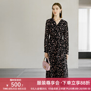 顏域長(cháng)袖V領(lǐng)茶歇連衣裙女春裝2024新款輕熟收腰顯瘦氣質(zhì)碎花長(cháng)裙 黑花 L/40