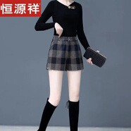 恒源祥毛呢格子短褲女秋冬靴褲2025新款a字闊腿休閑褲百搭松緊腰西裝褲 藍格紋 M 90-105