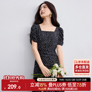 尚都比拉法式連衣裙女夏季方領(lǐng)堆堆袖復(fù)古波點(diǎn)抽褶開(kāi)叉A字裙