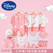 迪士尼（Disney）嬰兒禮盒新生兒衣服套盒初生寶寶用品純棉秋冬套裝剛出生滿月禮物 四龍粉色提花熊貓22件套 均碼 59碼(適合0-3個(gè)月)