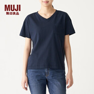 無(wú)印良品 MUJI 女式 粗細不均棉線(xiàn)天竺編織 V領(lǐng)短袖T恤 海軍藍 M