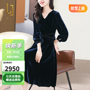 OLJ國際高檔品牌真絲絲絨連衣裙女2025年春秋新款時(shí)尚顯瘦桑蠶絲裙子 藏青色 S [適合<105]斤