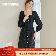 ROEYSHOUSE羅衣老錢風(fēng)粗花呢連衣裙女冬裝新款方領(lǐng)燈籠袖修身裙子07675 黑色 M