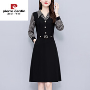 皮爾卡丹（pierre cardin）時(shí)尚洋氣修身媽媽裝闊太太大碼女裝胖mm長(zhǎng)袖連衣裙子春秋新款顯瘦 黑色 今年流行的輕奢品牌 L 100-115斤