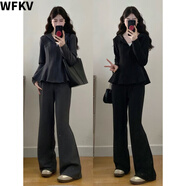 WFKV大碼女裝胖mm春秋新款收腰顯瘦氣質(zhì)外套+休閑褲時(shí)尚套裝女 黑色 3XL 【145-160斤】
