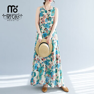 莫代爾簡(jiǎn)約時(shí)尚連衣裙女波西米亞夏季新款加肥加大無(wú)袖圓領(lǐng)印花中長(cháng)裙 藍色花 M 95-110斤