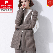 皮爾卡丹女裝春秋中長款外搭女針織開衫修身顯瘦開叉毛衣外套 咖色388 L 110-120斤穿