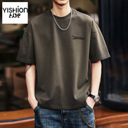 以純（YISHion）美式重磅短袖t恤男夏季寬松潮牌休閑安可拉紅大碼體恤男裝 9202橄欖綠  S 適合90-110斤