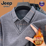 JEEP SPIRIT一體絨假兩件加絨加厚毛衣男士POLO領(lǐng)t恤保暖打底衫中老年爸爸裝 灰色 加絨 4XL 190 180-200斤