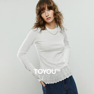 初語(yǔ)長(cháng)袖T恤女2025冬季新款仿羊絨拼接蕾絲保暖打底上衣 米白色  L