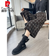 皮爾卡丹藍色毛呢子七分褲女秋冬2025新款小個(gè)子寬松直筒格子褲休閑闊腿褲 咖格 XL 建議120-130