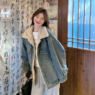 妹丫加絨加厚牛仔羊羔毛外套女2025冬季新款爆款皮毛一體短款派克棉服 藍色 M