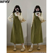 WFKV大碼女裝秋冬新品休閑時(shí)尚減齡顯瘦背帶裙+蕾絲打底兩件套裝女 打底+連衣裙【套裝】 3XL 【160-180斤】