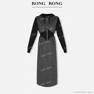 溶溶【晚空佳夜】RONGRONG 牛仔拼接撞色設(shè)計(jì)感連帽連衣裙C53752黑色腰部有彈力S 36/S(95斤內(nèi)溶溶尺碼)
