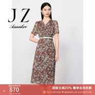 玖姿·安娜蔻【草目系列】印花圍裹式收腰雪紡連衣裙女春款 花棕色 XS