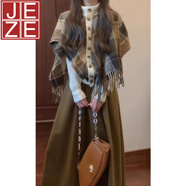 JEZE套裝女2025秋季韓系設(shè)計(jì)感不規(guī)則格紋披肩斗篷針織毛衣高腰半身裙 斗篷毛衣+半身裙兩件套【z】 M