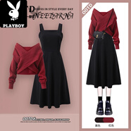 花花公子（PLAYBOY）圣誕戰袍冬季紅色系穿搭配一整套感過(guò)年新年連衣裙套裝女 紅色交叉毛衣+黑色吊帶裙冬季套裝裙兩件套/冬季穿搭裙 L