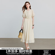 初語(yǔ)輕復古收腰連衣裙女2025夏季新款圓領(lǐng)燈籠袖肌理感簡(jiǎn)約裙子 米白色 XL