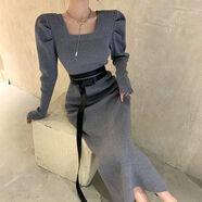 針織打底連衣裙女內(nèi)搭秋冬季新款方領(lǐng)泡泡袖氣質(zhì)加厚毛衣長裙過膝 灰色 有開衩 XL  125-140