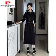 皮爾卡丹（pierre cardin）時尚女裝感連帽收腰連衣裙女2025春秋新款中長款寬松衛(wèi)衣裙子 黑色【送腰帶】 M 建議80-100斤