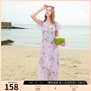 三彩2025夏季新款木耳邊荷葉袖蝴蝶印花雪紡連衣裙大擺長裙M 淡紫色花卉 L 165/88A