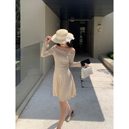 映棠MULVAN 設(shè)計(jì)感一字肩洋裝女新款韓版辣妹收腰喇叭袖a字短裙子 燕麥色現(xiàn)貨 S 均碼