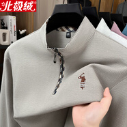 北極絨（Bejirog）純棉高端長(cháng)袖t恤男士裝秋季純色刺繡拉鏈立領(lǐng)商務(wù)爸爸體恤 米杏 L （120-140斤）