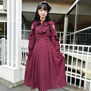 ROJITA蝴蝶結喇叭袖口露肩長(cháng)款連衣裙(1333705) 酒紅色