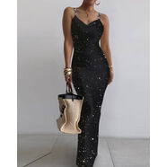 Women Striped UNeck Maxi Skims Dress歐美水波紋理緊身長裙女 黑色3 S