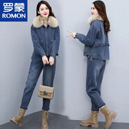 羅蒙韓版牛仔褲套裝女2025冬季新款洋氣減齡加絨加厚保暖棉衣兩件套 藍色套裝(加絨) M 80-105斤