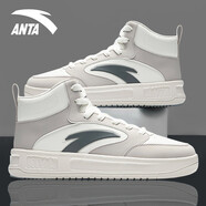 安踏男鞋皮面防潑水板鞋冬季保暖高幫韓版潮厚底學(xué)生跑步休閑運動(dòng)鞋子 -4一度灰/象牙白 41