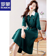 羅蒙（ROMON）連衣裙女2025秋季新款高級感女神范氣質(zhì)收腰中長(cháng)款過(guò)膝長(cháng)袖襯衫裙 綠色 M