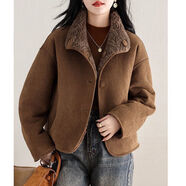 AEMAPE美拉德毛毛寬松羊羔毛兩面穿外套女羊剪絨皮毛一體短款皮草大衣冬 棕褐色外套 L 105-118斤