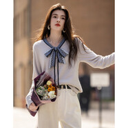 德瑪納【日雜通勤自留】春秋絲帶珍珠扣裝飾開(kāi)衫多季通穿針織衫女上衣