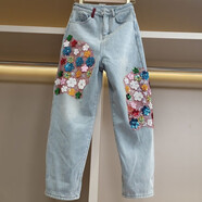 泰國潮牌新款鑲鉆花朵牛仔褲女高腰韓版哈倫顯瘦彈力小腳長(cháng)褲潮 淺藍色 S  85-98
